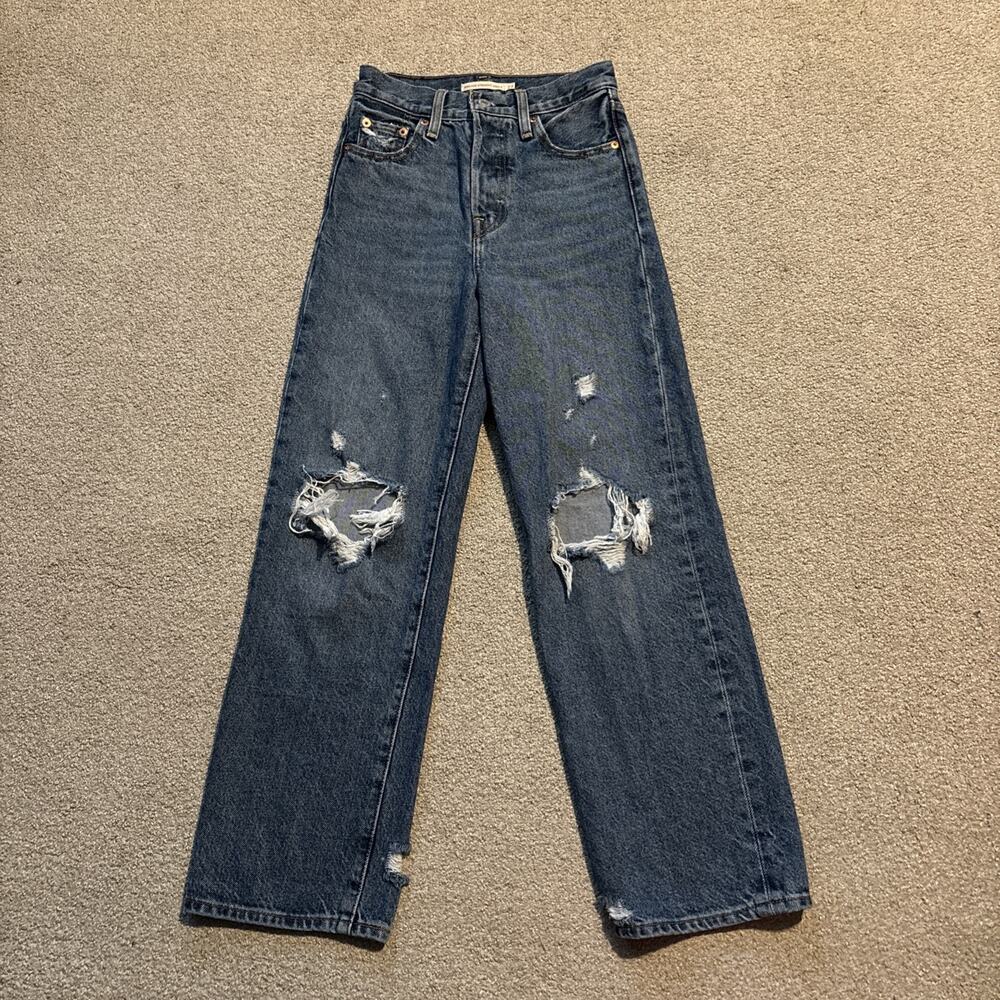 Levi's Women's Ribcage Straight Ankle Jeans Blue Medium Wash Distress Size 23/27